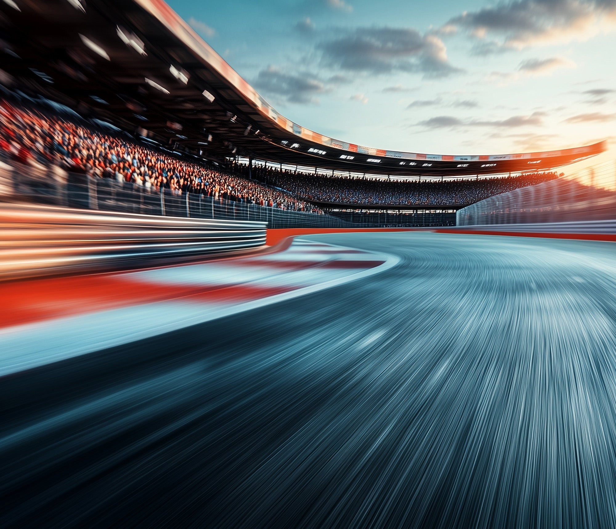 Racing track with blurred lights and a stadium in the background