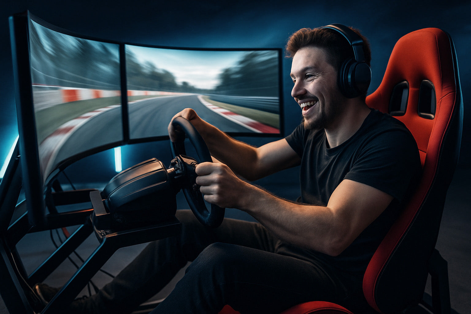 Man driving racing simulator with a steering wheel and multiple monitors